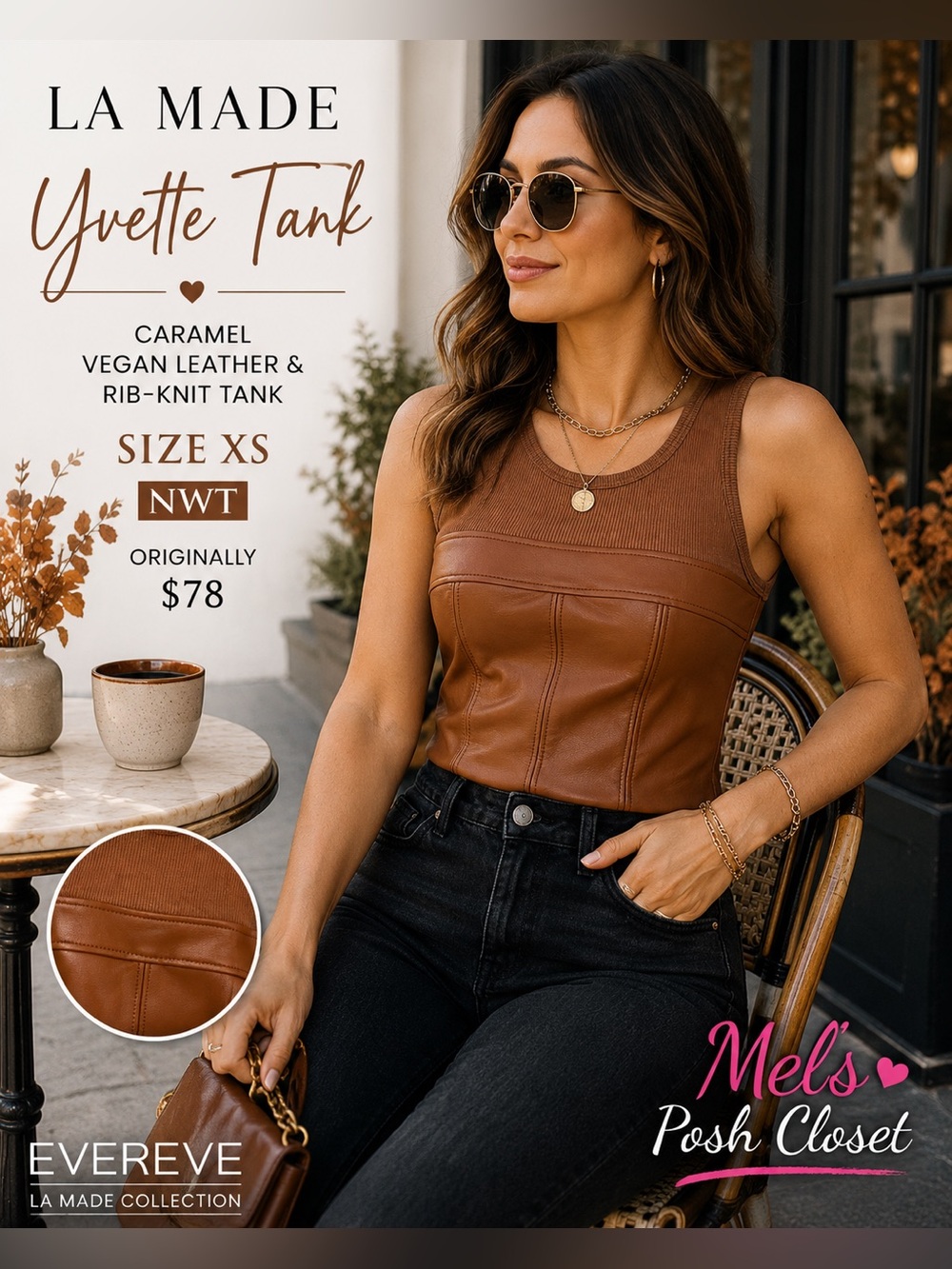 ✨Evereve Caramel Vegan Leather Rib-Knit Tank•🤎NWT🤎✨